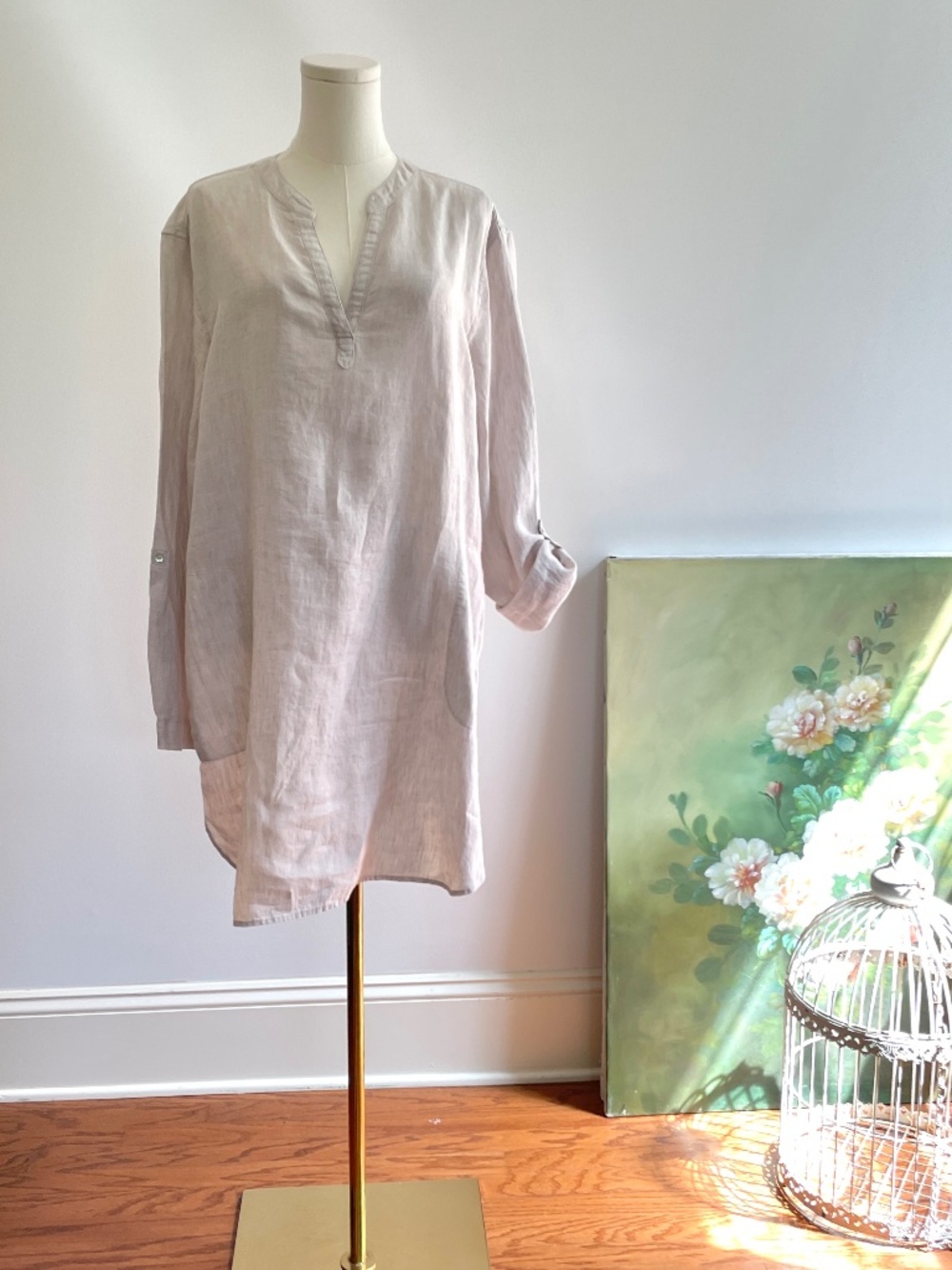 Tahari Linen Tunic Shirt Dress XL Coastal Travel Resort Quiet Luxury Neutral